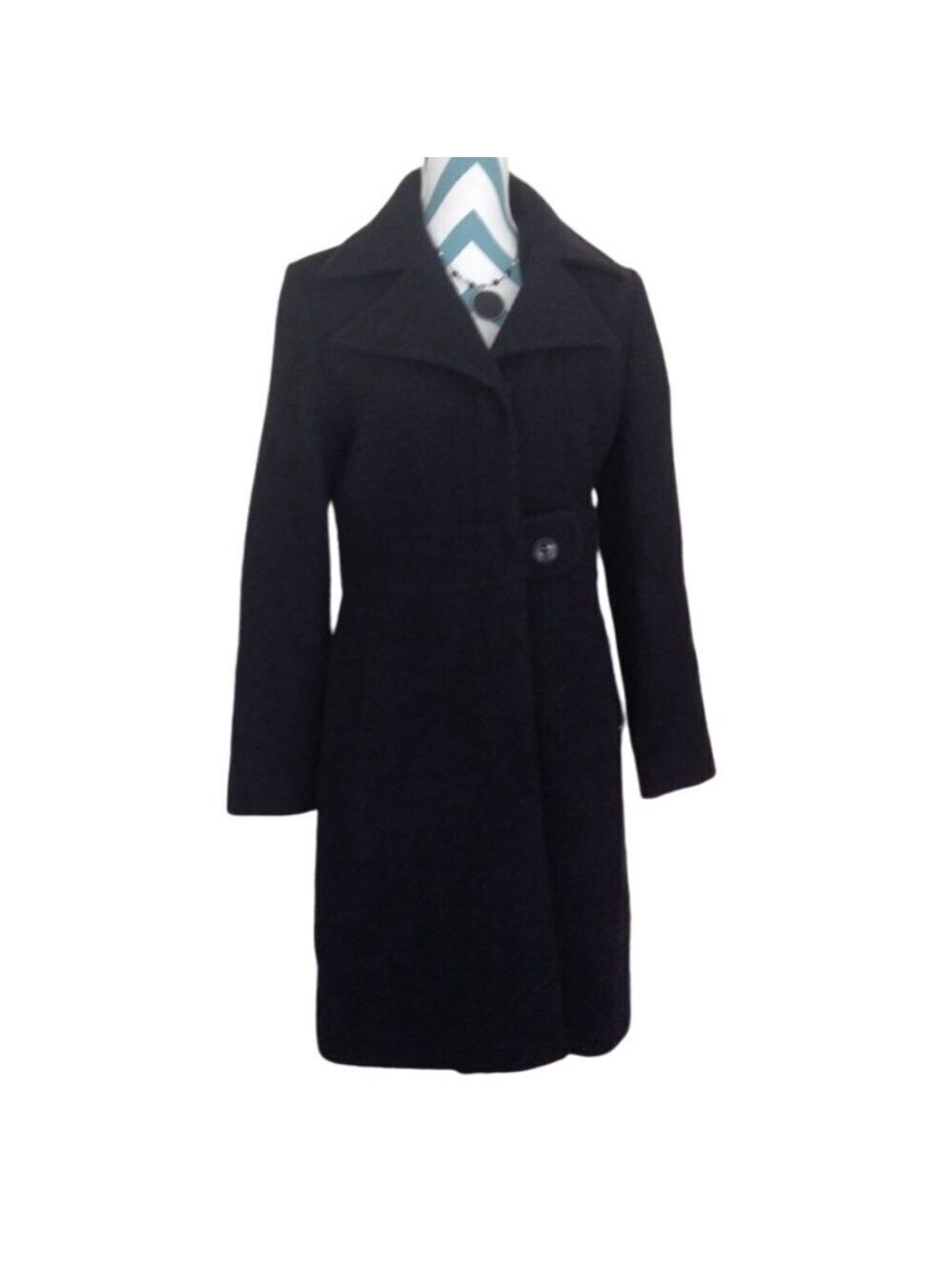 Y2K Wool Boucle Fitted Coat Empire Waist Black Rivet Mid Length Walker VTG  4 S